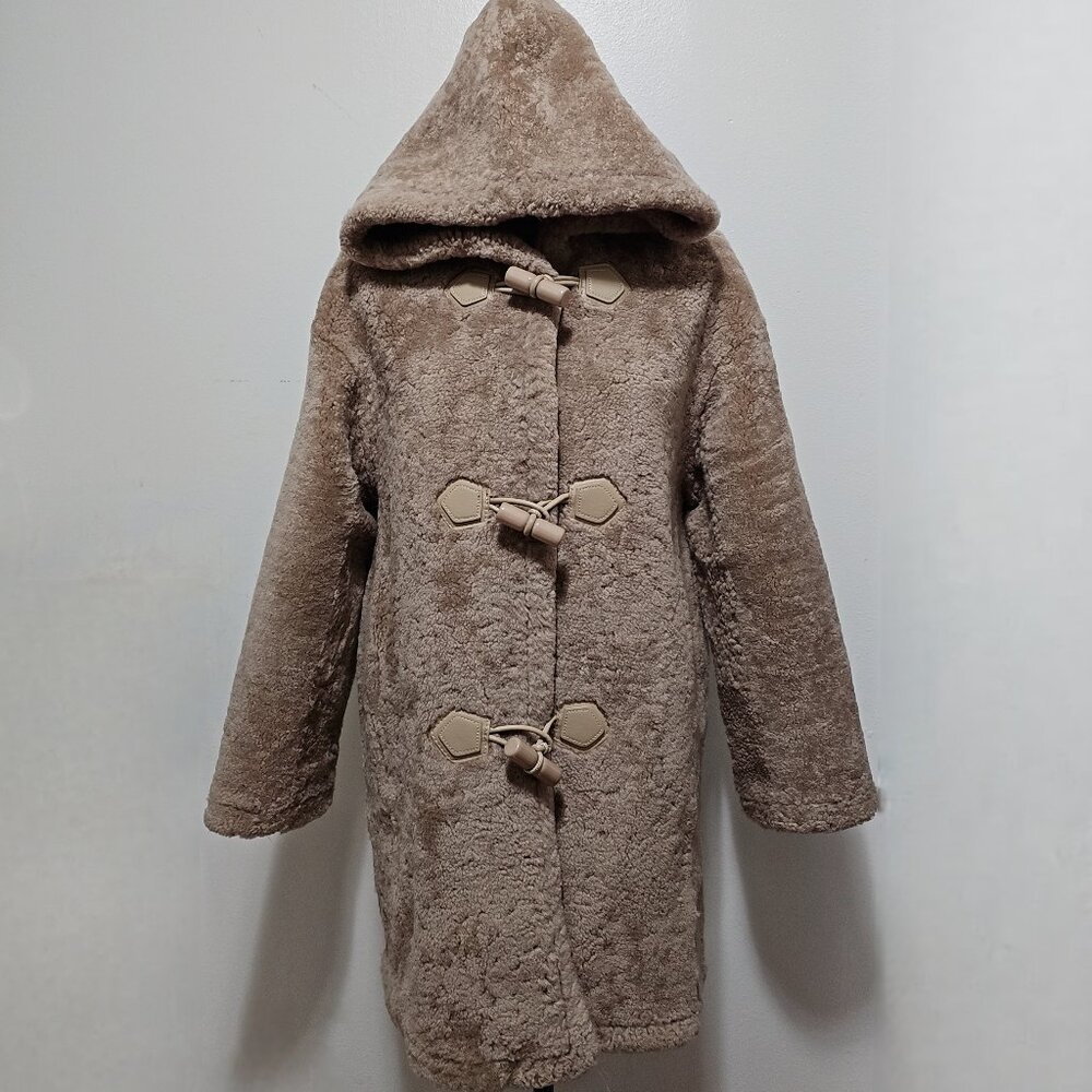 New Merino Sheepskin Shearling Lamb Fur Coat Jacket Hooded Tan Taupe Stone Suede